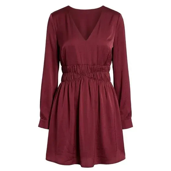 Express Burgundy Satin Long Sleeve V-Neck Mini Dress Size M - Picture 1 of 8